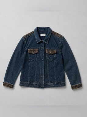 CJ Banks Dark Blue Denim Jacket with Tweed Yoke